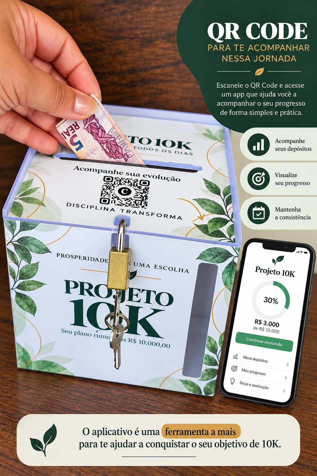 Arte do Projeto 10K explicando o acesso ao app complementar pelo QR Code na tampa