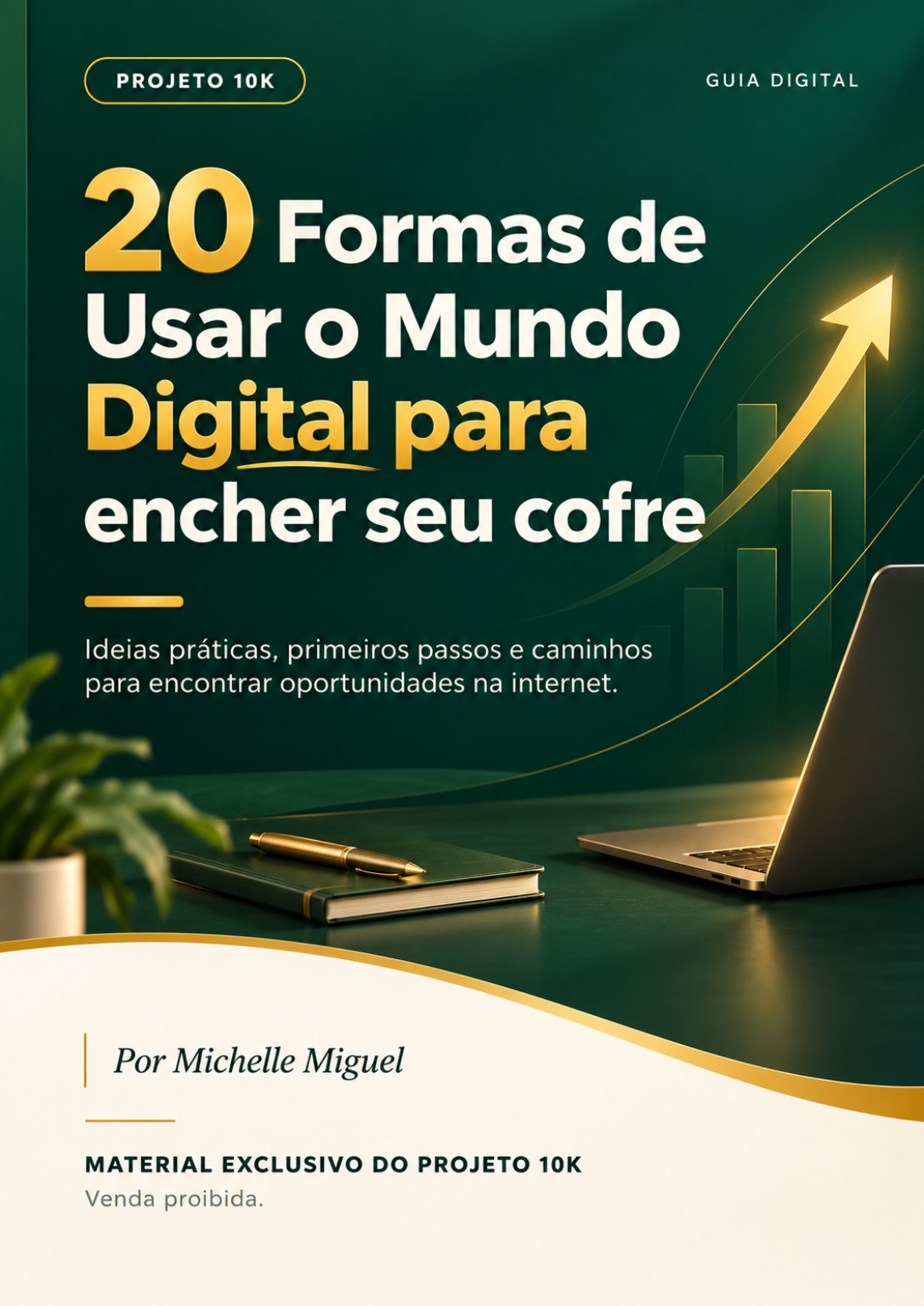Capa oficial do e-book 20 Formas de Usar o Mundo Digital para encher seu cofre, por Michelle Miguel, bônus exclusivo da pré-venda
